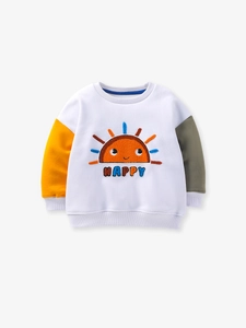Kids fleece crewneck sweatshirt with colorful sun embroidery and color-block sleeves