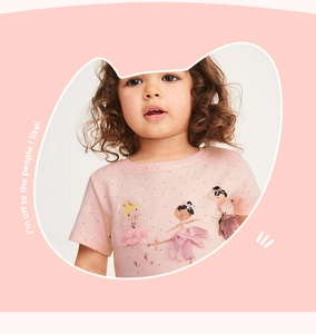 Detail of pink toddler t-shirt featuring 3D mesh tutu on cartoon ballerina prints