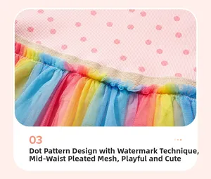 Détail d'une robe rose à pois avec jupon en tulle arc-en-ciel et taille élastique