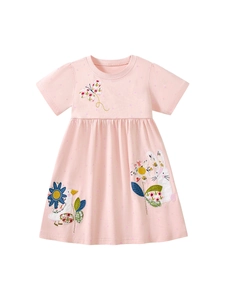 Pink cotton girls' short sleeve dress featuring cute bunny and flower embroidery