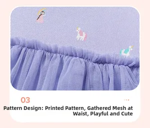 Détail de robe violette pour fille avec imprimé licorne et tulle en maille multicouche