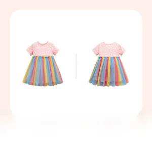 Robe d'été pour fille avec haut à pois roses et jupe en tulle arc-en-ciel, vues avant et arrière