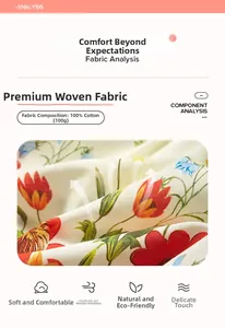 Dettaglio del tessuto in cotone 100% con stampa di tulipani rossi e gialli per bambina