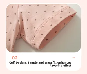 Detail of double-stitched sleeve cuff on pink polka dot cotton short sleeve t-shirt