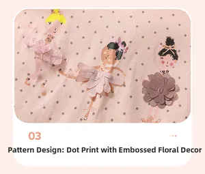 Detail of pink polka dot girls' top with ballet girl print and 3D chiffon flower