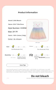 Tableau des tailles pour robe fille en coton avec jupe en tulle arc-en-ciel et lapin