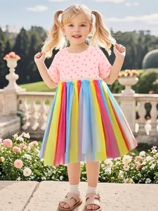 Robe d'été à Manches Courtes pour Filles en Maille Arc-en-ciel Coton Pois Patchwork Robe de Princesse pour Enfants