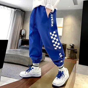 Kids Fleece Lined Warm Sweatpants Thickened Boys Casual Sports Pants With Checkerboard Pattern Letter Print Elastic Waist Joggers