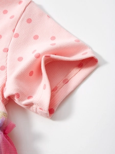 Robe rose à pois pour fille avec manches courtes, tulle mesh et coton à côtes fines