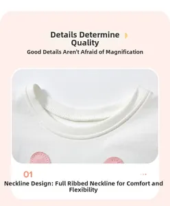 Détail d'un col rond en coton doux avec écusson brodé rose sur une robe blanche