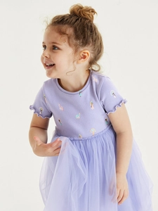Robe lavande pour filles à manches courtes avec motif licorne et jupe en tulle