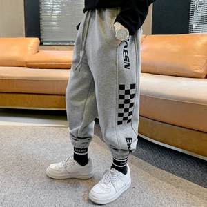 Fleece lined boys' grey jogger pants with checkerboard print and elastic drawstring waist