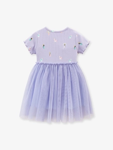 Robe lavande à manches courtes pour filles avec imprimé licorne et jupon en tulle violet
