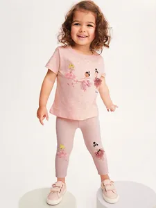 Little Maven Girls Summer Pink Short Sleeve Ballerina Print Tutu Polka Dot Cotton Top And Pants Breathable Casual Outfit
