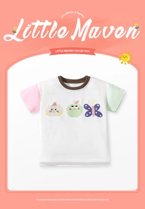Detail of color-block cotton t-shirt with cute cat and apple graphics for girls 2-7