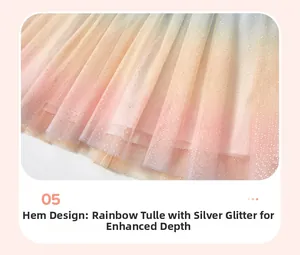 Détail de l'ourlet en tulle arc-en-ciel avec film argenté scintillant pour robe fille