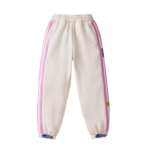 Kids warm fleece sports joggers in off-white with purple side stripes and elastic waist