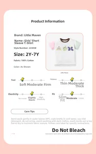 Detail view of cotton girls' t-shirt with cat applique and product info display