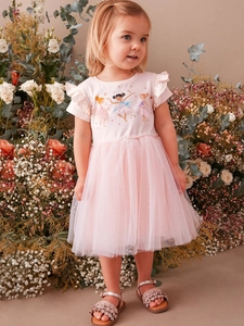 Abito rosa da bambina con stampa ballerina e gonna in tulle su sfondo floreale