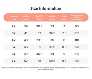 Detailed size chart for girls' cotton t-shirt showing length and bust in cm for ages 2Y-7Y
