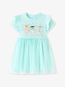 Abito da principessa in tulle verde menta per bambine con stampa balletto e maniche a balze