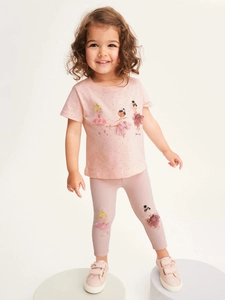 Pink toddler girl short sleeve t-shirt and leggings set with 3D ballet dancer design