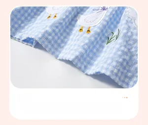 Détail de l'ourlet de robe à carreaux bleus et blancs avec broderie canard blanc