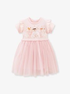 Abito da principessa in cotone rosa per bambine con gonna in tulle e motivo ballerine