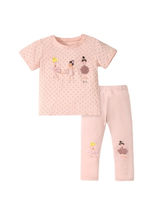 Pink short-sleeve girls' set with ballet dancer prints and dotted pants on white background