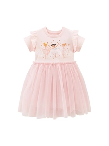 Abito rosa in cotone per bambine a maniche corte con ballerine e gonna in tulle