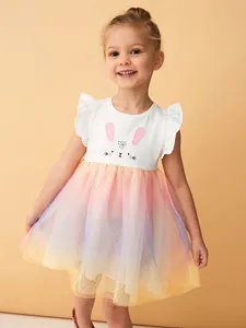 Robe en Tulle de Coton pour Filles Été Dégradé Arc-en-ciel Maille Princesse Jupe Blanc Manches à Volants Lapin Brodée Robe de Fête