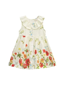 Girl's cotton floral dress with ruffle collar and front buttons on a white background