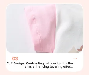 Detail of baby girl cotton tee showing ribbed contrast cuffs and neat stitching detail