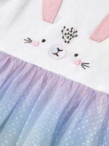 Robe fille en coton avec broderie lapin et jupe en tulle dégradé violet à paillettes