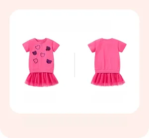 Robe rose pour fillettes avec manches courtes et motif ours en paillettes mauves