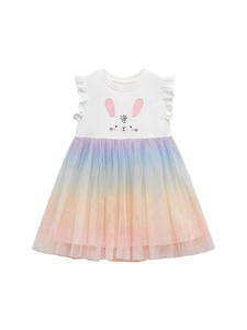Robe fille en coton avec broderie lapin et jupe en tulle dégradé arc-en-ciel