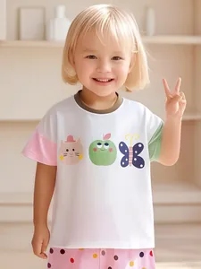 Little Maven Girls Short Sleeve T-Shirt Cotton Cartoon Cat Apple Print Color Block Casual Kids Summer Top