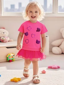 Little Maven Robe en Maille à Manches Courtes pour Filles Été Mignon Ours à Paillettes Patchwork Robe de Princesse pour Enfants