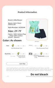 Detail of girls' 100% cotton summer set with giraffe prints and denim shorts