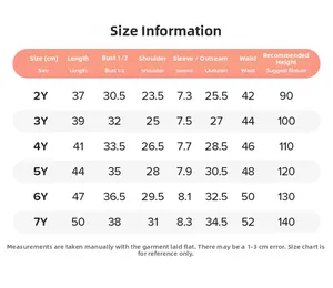 Comprehensive size chart for girls' 100% cotton short-sleeve clothing set from 2Y to 7Y