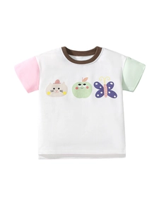 Short-sleeve cotton T-shirt for girls with colorful cat prints and contrast sleeves