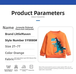 Detail view of cotton thick winter jacket for kids featuring cartoon dinosaur print