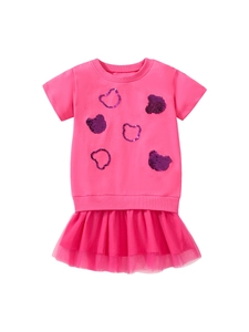 Robe rose pour filles à manches courtes avec motifs ours en paillettes et jupon en tulle