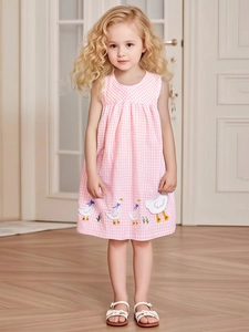 Robe sans manches à carreaux roses pour filles avec appliques de canards blancs et nœuds
