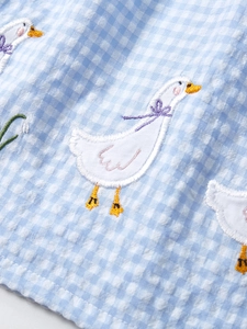 Robe d'été pour fille en seersucker bleu avec broderies de canards et carreaux