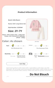 Detailed fabric and size chart for girls cotton pink rabbit sweatshirt and white pants