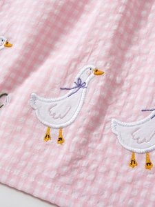 Robe sans manches à carreaux vichy rose pour fille avec jolie broderie de cygne blanc