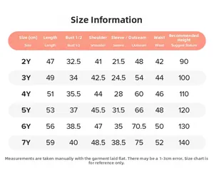 Detailed size chart for girls long sleeve mesh set from ages 2Y to 7Y in centimeters