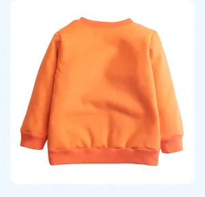 Back view of orange cotton long-sleeved crewneck sweatshirt for children with ribbed cuffs