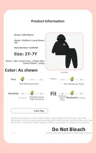 Detailed size chart and 100% cotton material specs for boys hooded sweatshirt set